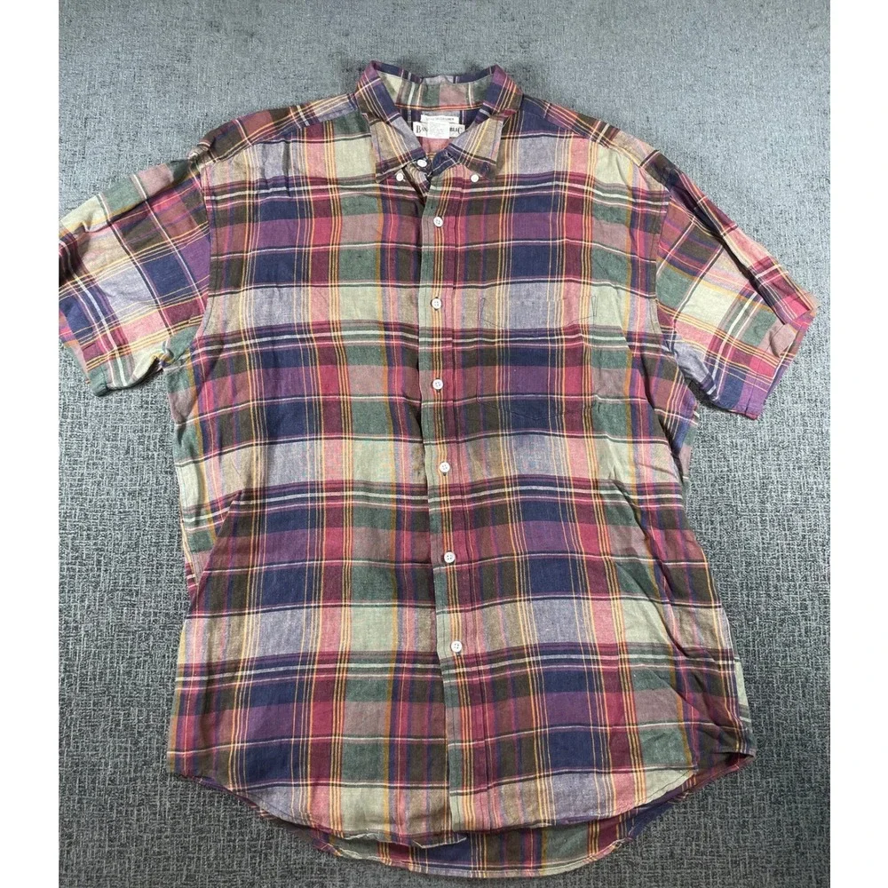 Vintage Banana Republic Mens Large Plaid Irish Linen Short Sleeve Button Y2K